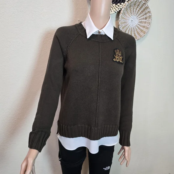 LAUREN RALPH LAUREN Womens Sweater Layered Bullion Patch Logo Brown Small - Picture 11 of 16